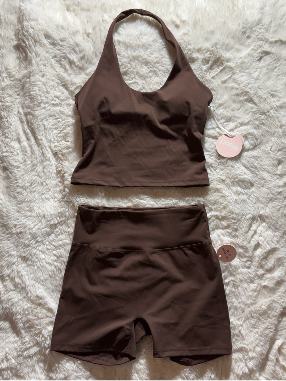 Posie Active Brown Halter Crop Top & High-Waist Shorts Workout Set